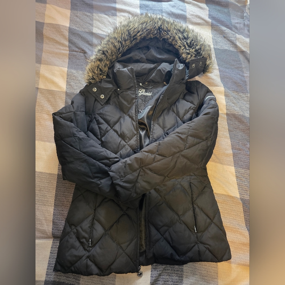 Guess Black Quilted Jacket with Faux Fur Hood